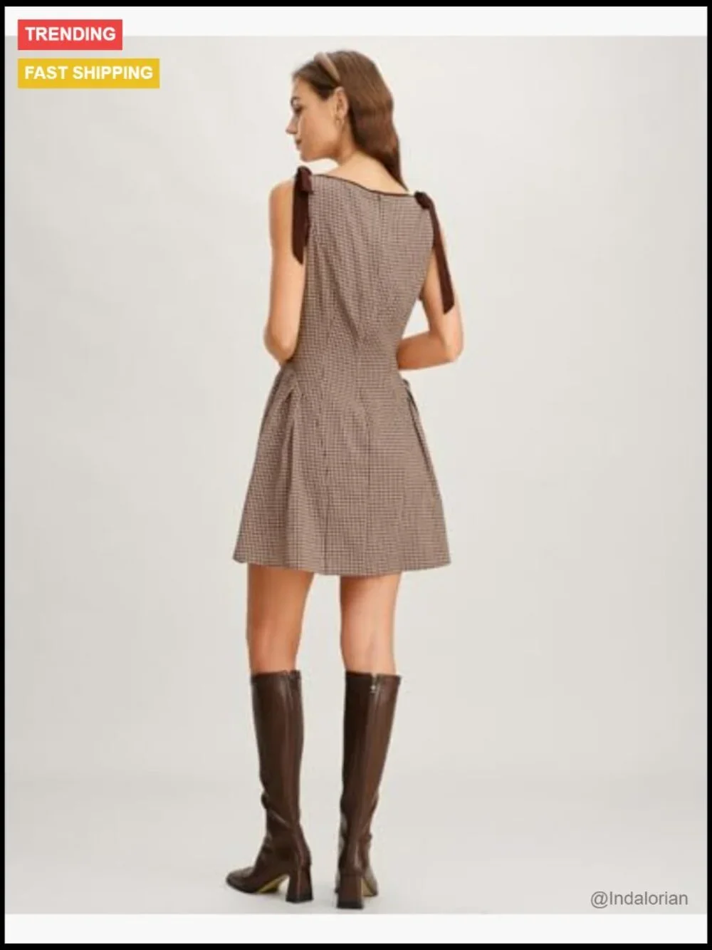 Women's Plaid Boat Neck A-Line Midi Dress - Vintage Fit & Flare Dress - Picture 5 of 7